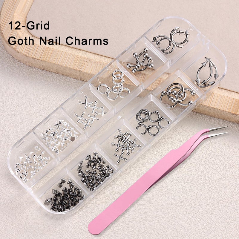 furtherpretty Gothic Nail Charms Set, 3D Black & Silver Piercing Nail Charms with Metal Rings, Triangle Spikes & Rivet Studs for Nails, Y2K Punk Goth Nail Art Decorations Accessories with Tweezers - Image 2